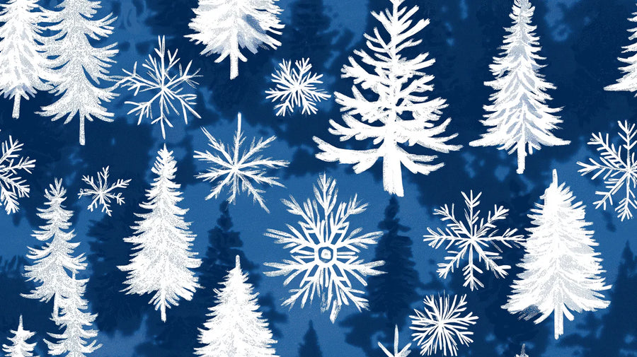 Forest Wallpaper Mural – Woodland Wall Mural – Winter Forest —Nordic Blue and White Trees printable artwork