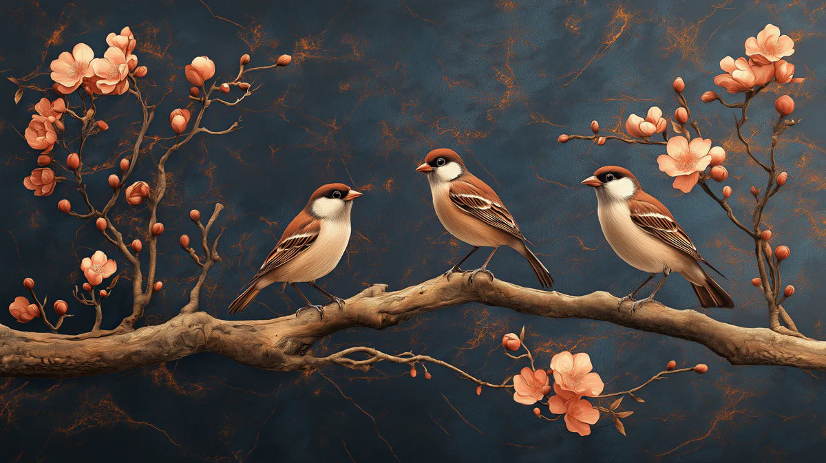 Sparrow and Blossom Mural Wallpaper — Moody Floral Art Mural Wallpaper - room preview 02