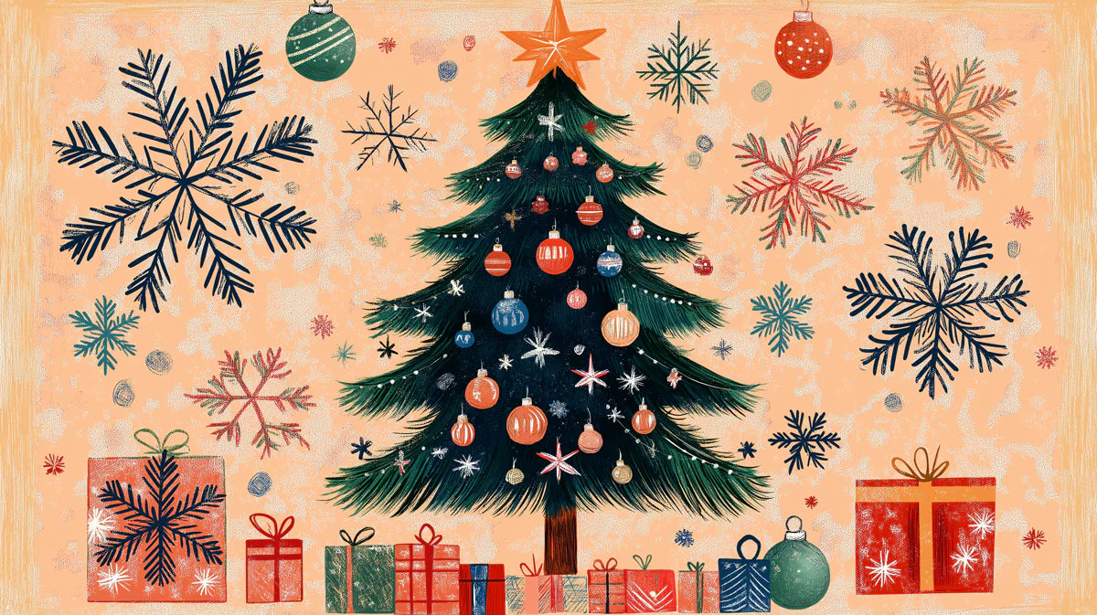 Christmas Tree Holiday Mural Wallpaper in Soft Peach and Teal Mural Wallpaper - room preview 02
