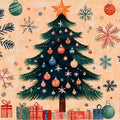 Christmas Tree Holiday Mural Wallpaper in Soft Peach and Teal Mural Wallpaper - room preview 02