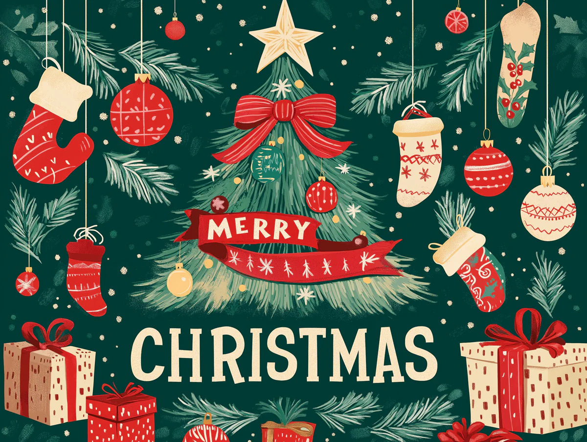 Folk Art Holiday Mural Wallpaper — Festive Green and Red Decor Mural Wallpaper - room preview 02