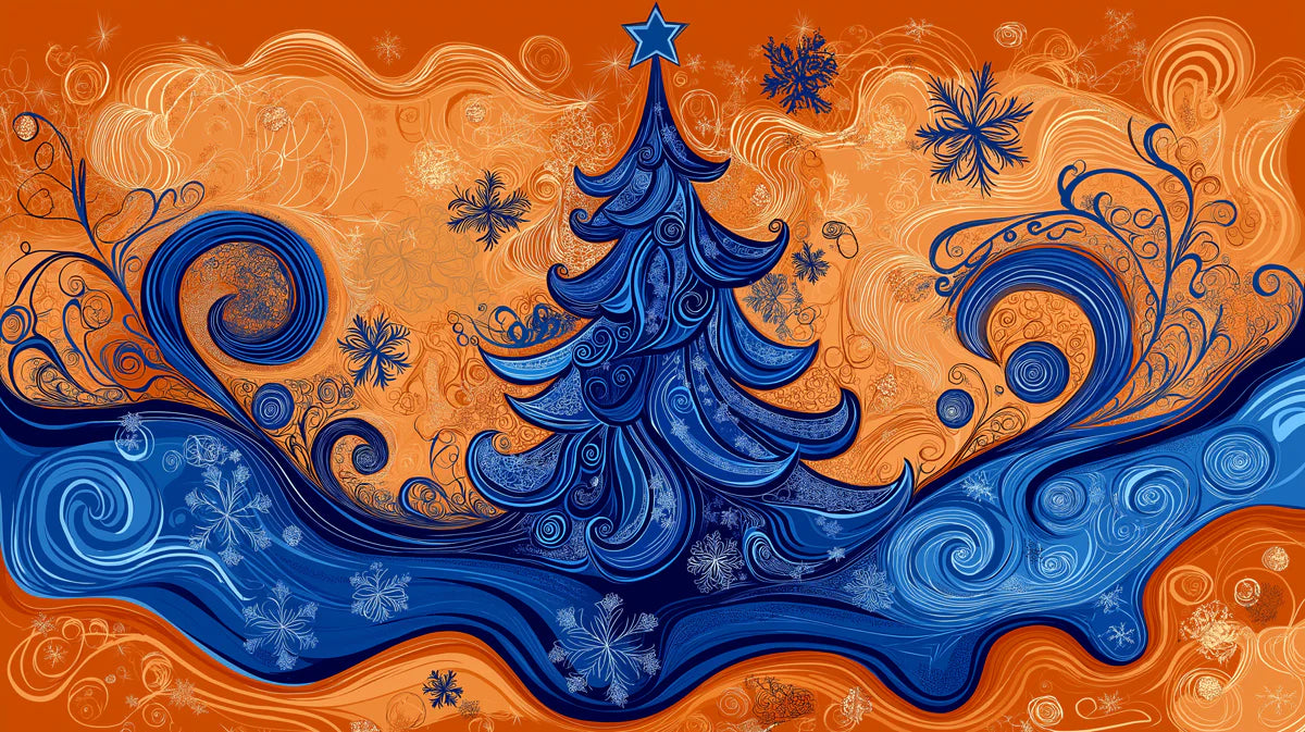 Art Nouveau Holiday Swirl Mural Wallpaper in Blue and Orange Mural Wallpaper - room preview 02