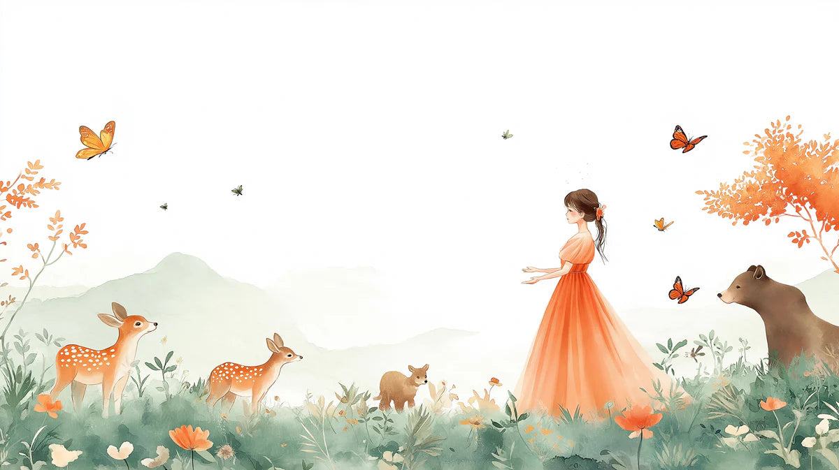 Meadow Princess Illustration Mural Wallpaper — Soft Whimsical Scene Mural Wallpaper - room preview 02