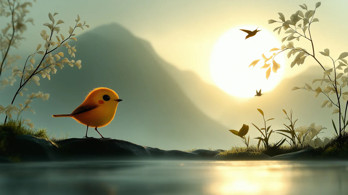 Sunrise Songbird Mural Wallpaper — Soft Whimsical Landscape Mural Wallpaper - room preview 02