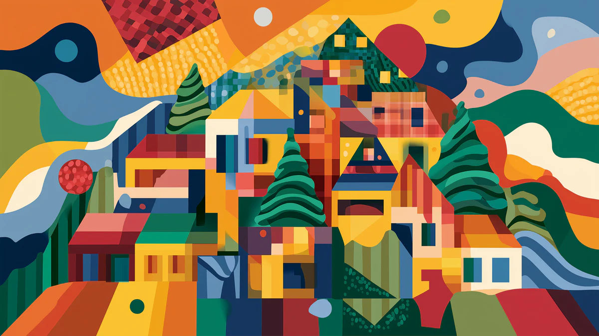 Abstract Hillside Village Mural Wallpaper — Vibrant Cubist Design Mural Wallpaper - room preview 02