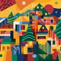 Abstract Hillside Village Mural Wallpaper — Vibrant Cubist Design Mural Wallpaper - room preview 02