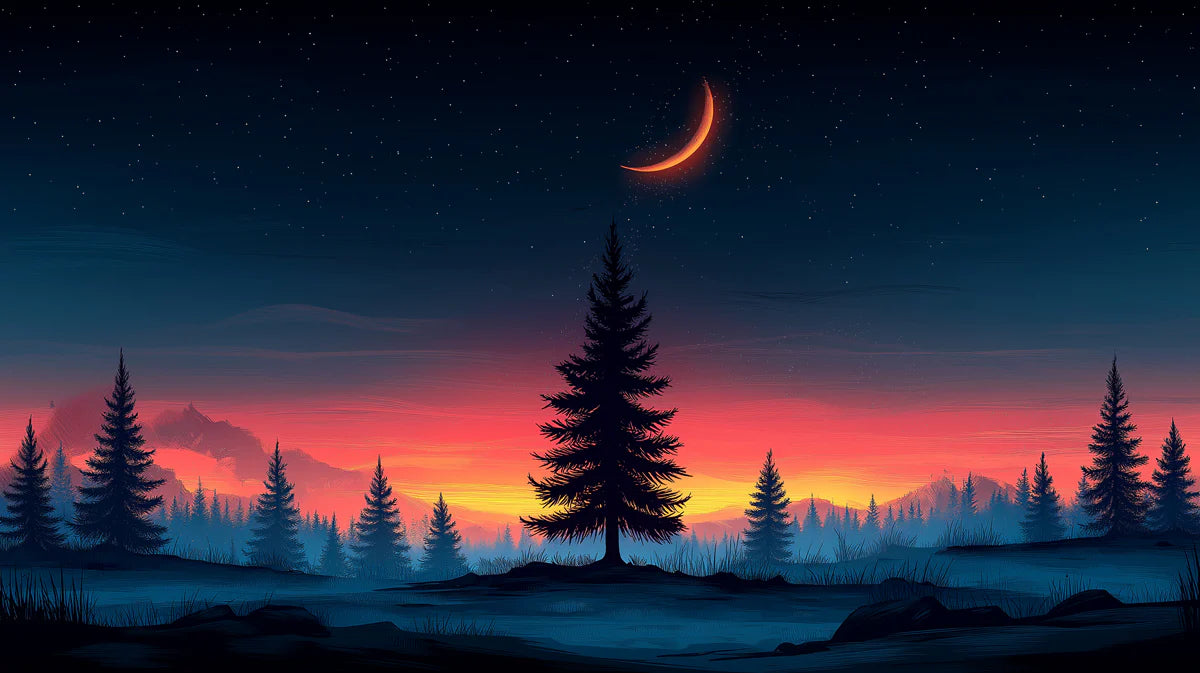 Midnight Pine Forest Mural Wallpaper — Fiery Sunset Horizon Mural Wallpaper - room preview 02