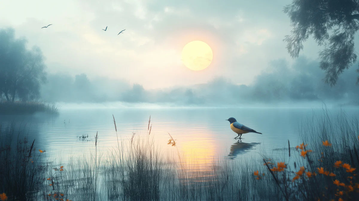 Misty Lake Morning Mural Wallpaper — Soft Impressionistic Landscape Mural Wallpaper - room preview 02