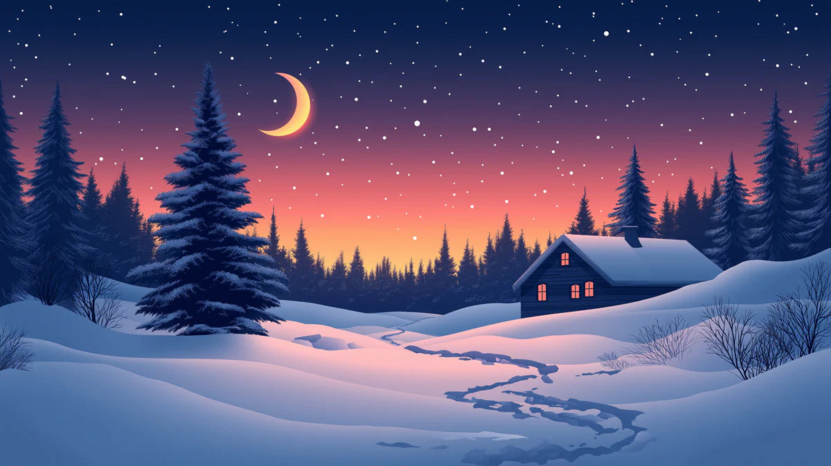 Winter Cabin under the Moon Mural Wallpaper Blue, Pink, and Orange Mural Wallpaper - room preview 02