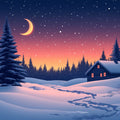 Winter Cabin under the Moon Mural Wallpaper Blue, Pink, and Orange Mural Wallpaper - room preview 02