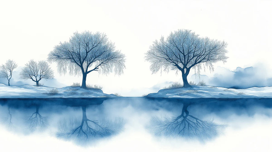 Papier peint mural Winter Reflection — Paysage mural bleu et blanc printable artwork