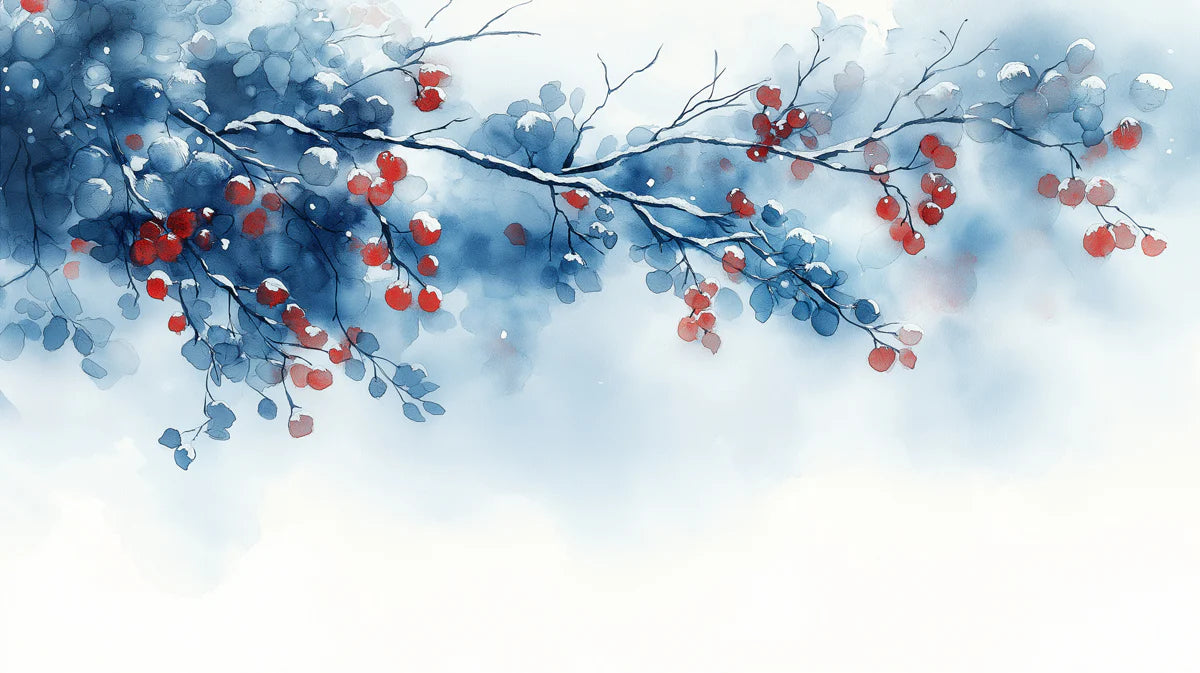 Snowy Berry Branch Mural Wallpaper — Artistic Winter Design Mural Wallpaper - room preview 02