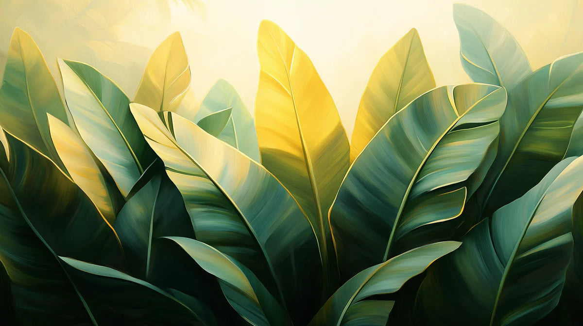 Modern Banana Leaf Mural Wallpaper Green, Yellow, and White Mural Wallpaper - room preview 02