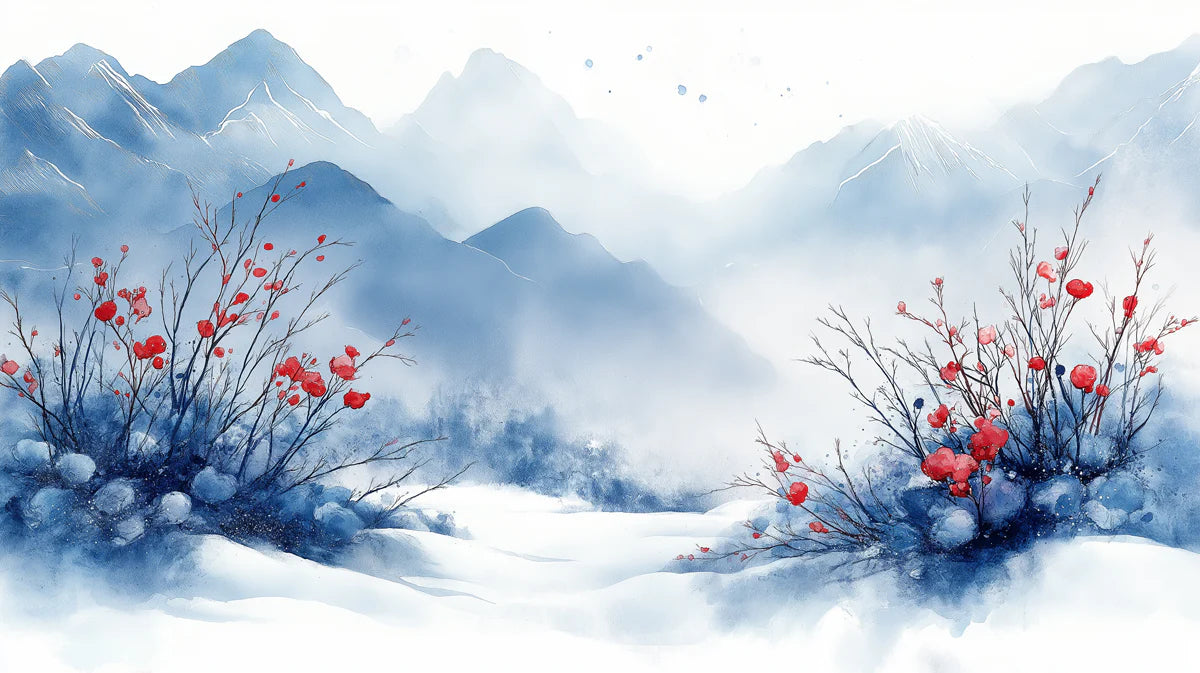 Winter Berry Valley Mural Wallpaper — Watercolor Landscape Mural Wallpaper - room preview 02