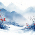 Winter Berry Valley Mural Wallpaper — Watercolor Landscape Mural Wallpaper - room preview 02