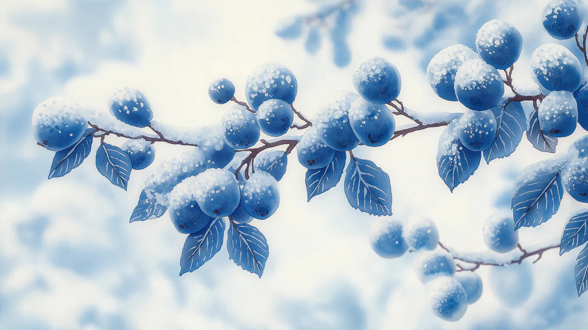 Snow-Dusted Berry Branch Mural Wallpaper — Frosty Blue Design Mural Wallpaper - room preview 02
