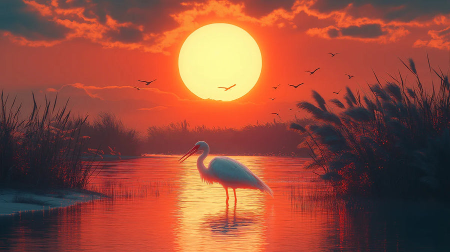 Sunset Wallpaper Mural – Golden Hour Wall Mural – Egret at Sunset —Warm Coastal Landscape printable artwork