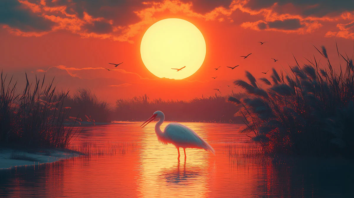 Egret at Sunset Mural Wallpaper —Warm Coastal Landscape Mural Wallpaper - room preview 02