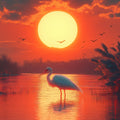 Egret at Sunset Mural Wallpaper —Warm Coastal Landscape Mural Wallpaper - room preview 02