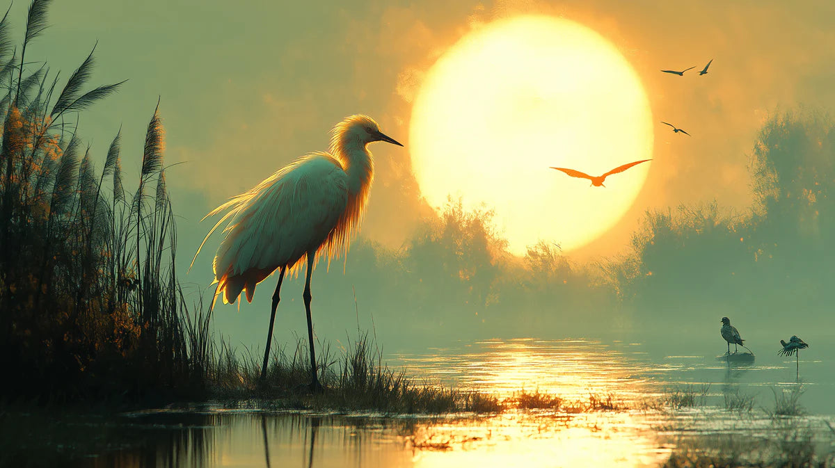 Golden Marsh Heron Mural Wallpaper — Impressionistic Sunset Scene Mural Wallpaper - room preview 02
