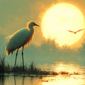 Golden Marsh Heron Mural Wallpaper — Impressionistic Sunset Scene Mural Wallpaper - room preview 02