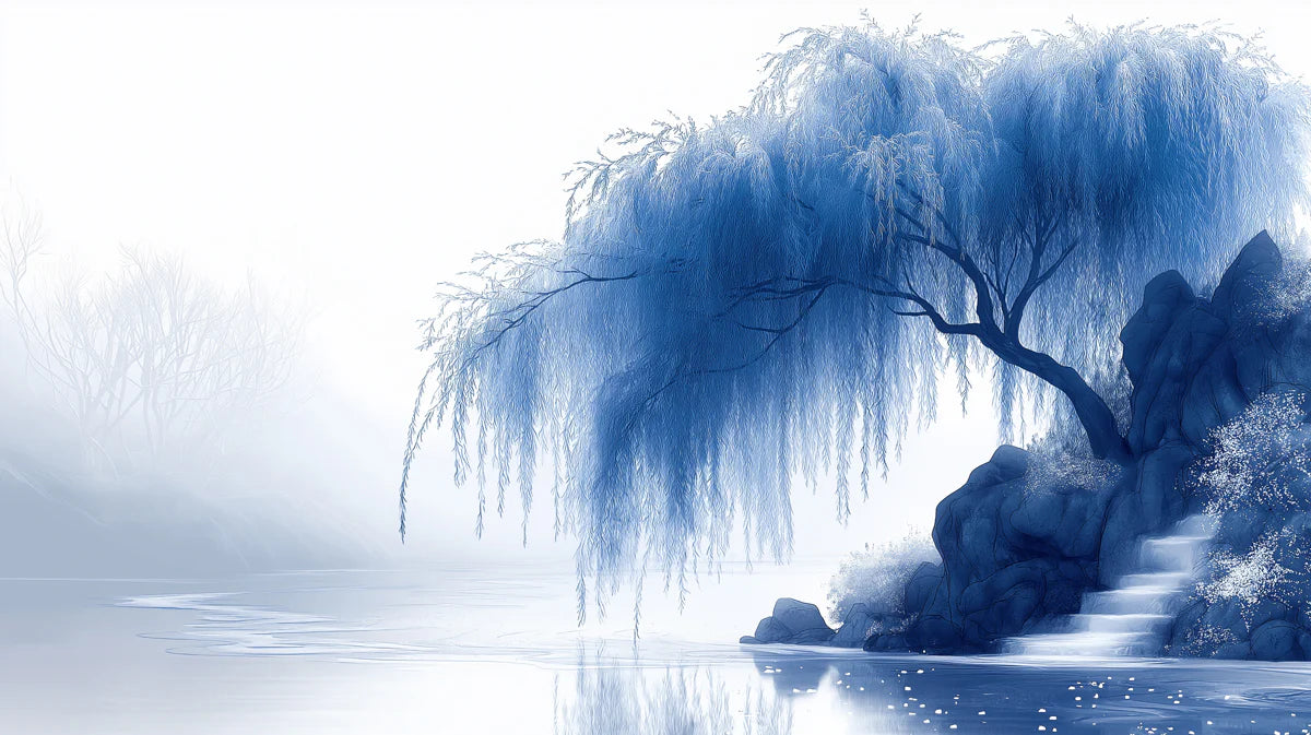 Willow Lakeside Mural Wallpaper — Atmospheric Blue Ink Wash Mural Wallpaper - room preview 02