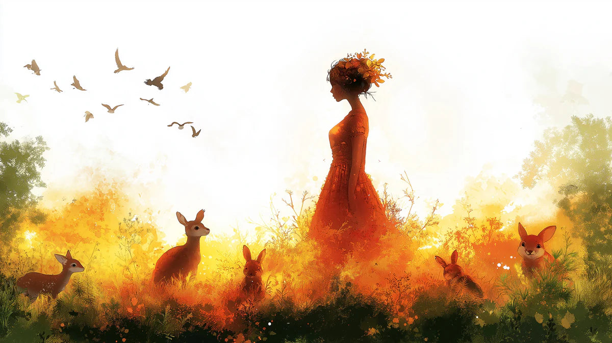 Autumn Goddess Nature Mural Wallpaper — Golden Forest Silhouette Mural Wallpaper - room preview 02