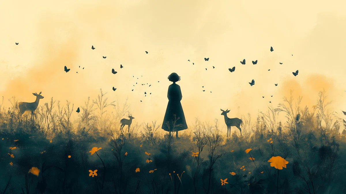 Golden Meadow Silhouette Mural Wallpaper — Whimsical Dusk Scene Mural Wallpaper - room preview 02
