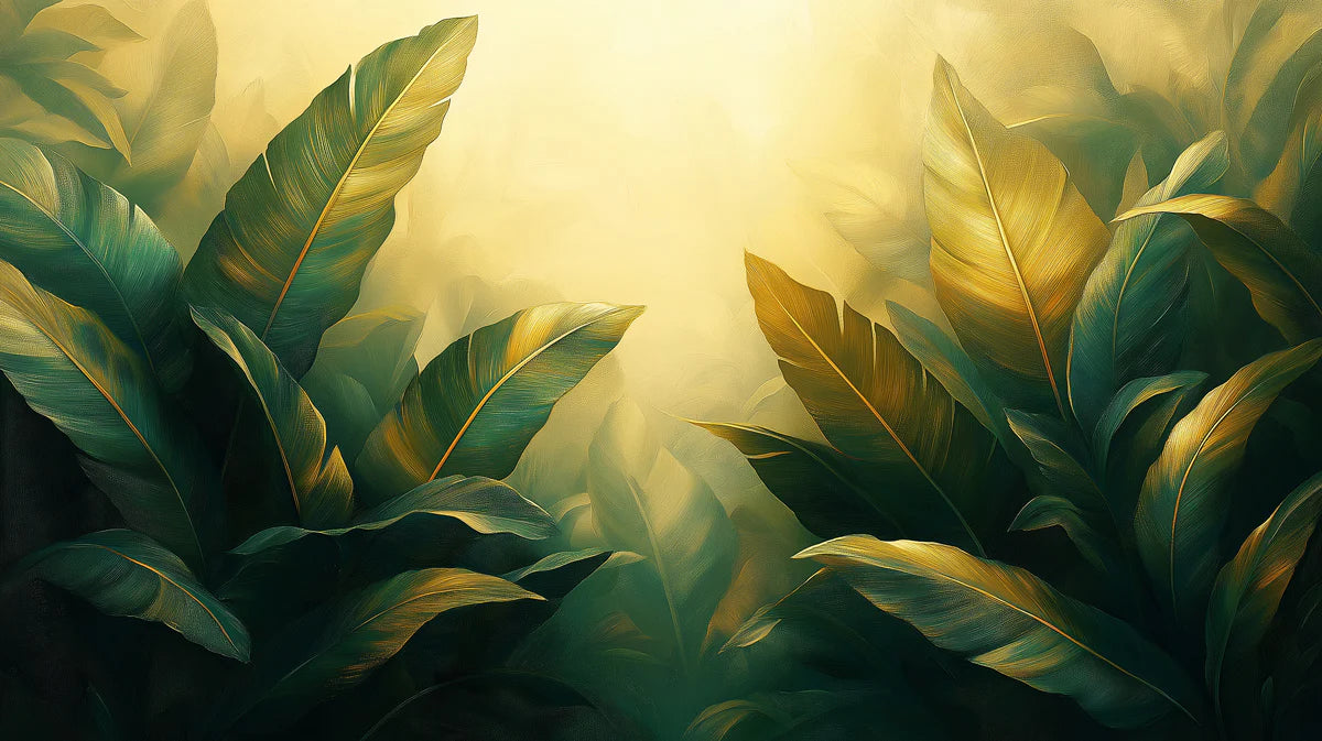 Golden Banana Leaf Mural Wallpaper Green and Yellow Mural Wallpaper - room preview 02