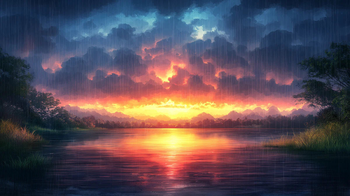 Fiery Sunset Rain Mural Wallpaper — Moody Landscape Design Mural Wallpaper - room preview 02