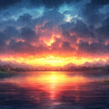 Fiery Sunset Rain Mural Wallpaper — Moody Landscape Design Mural Wallpaper - room preview 02