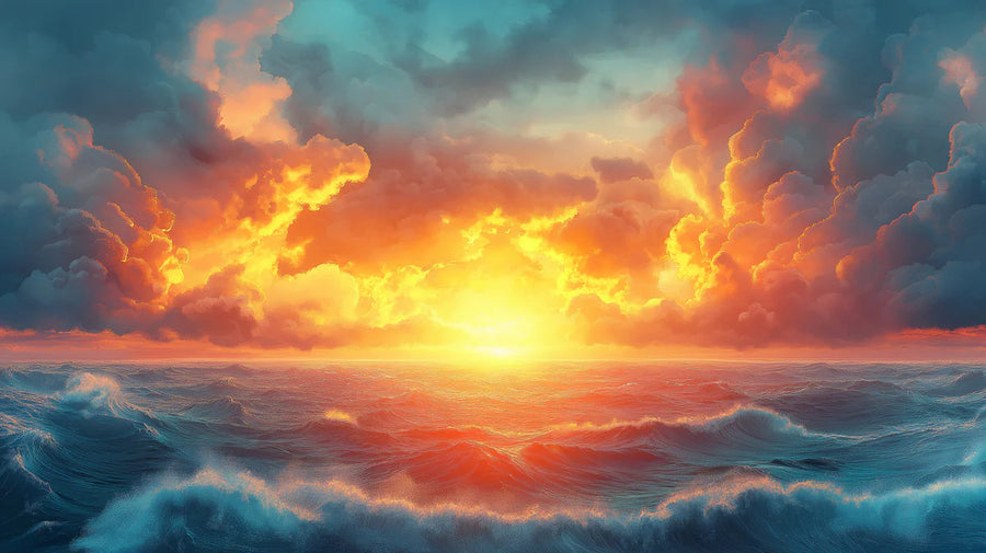 Sunset Wallpaper Mural – Golden Hour Wall Mural – Fiery Ocean Sunset — Dramatic Seascape Design printable artwork