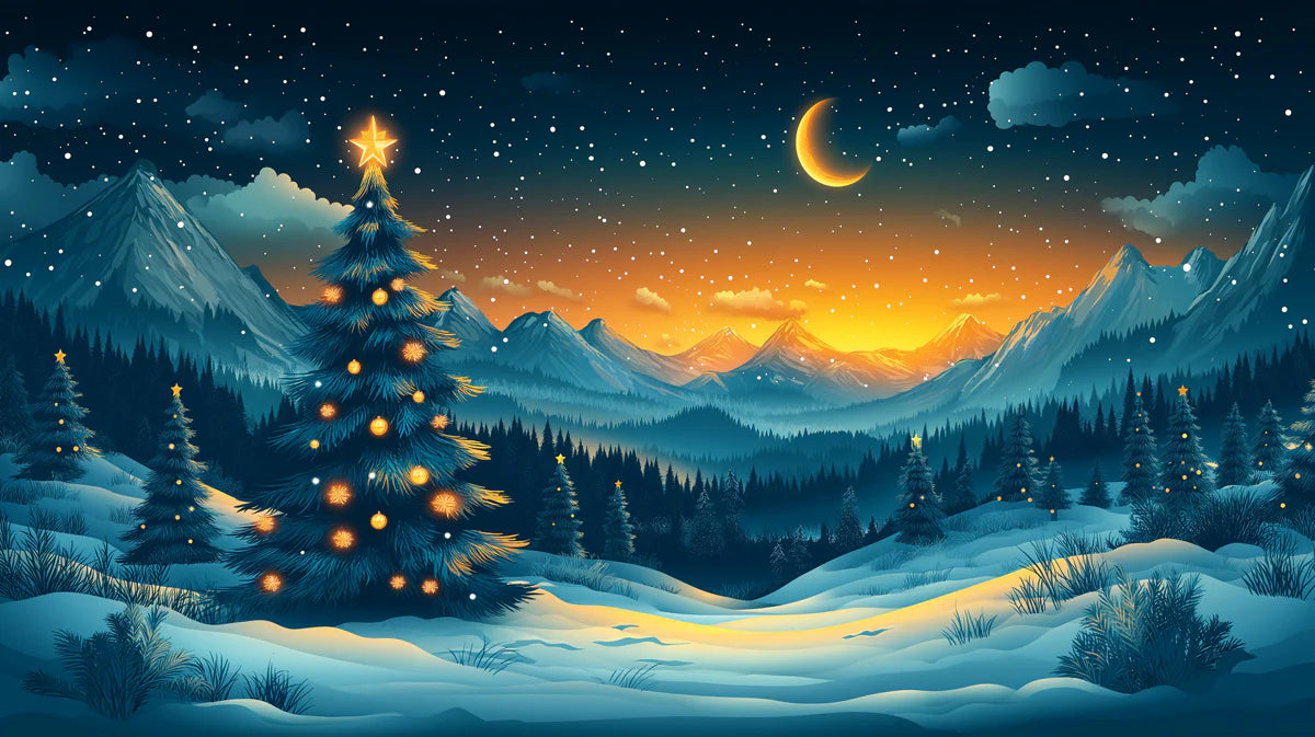 Christmas in the Valley Mural Wallpaper Blue, Orange, and Gold Mural Wallpaper - room preview 02
