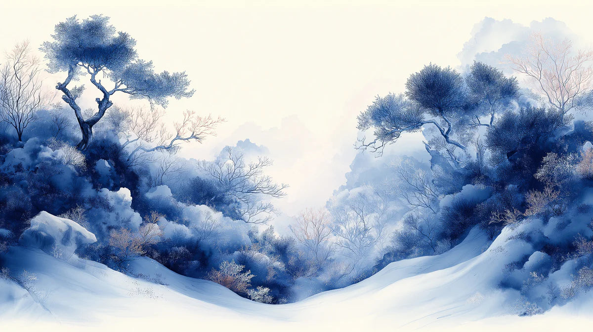Indigo Mountain Valley Mural Wallpaper — Painterly Landscape Mural Wallpaper - room preview 02