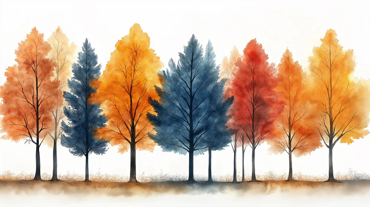 Four Seasons Treeline Mural Wallpaper — Artistic Watercolor Forest Mural Wallpaper - room preview 02