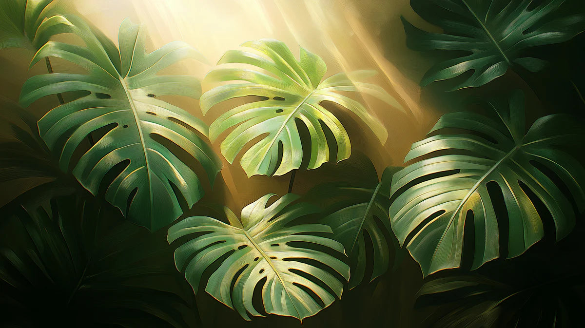 Sunbeam Monstera Mural Wallpaper Green and Gold Mural Wallpaper - room preview 02