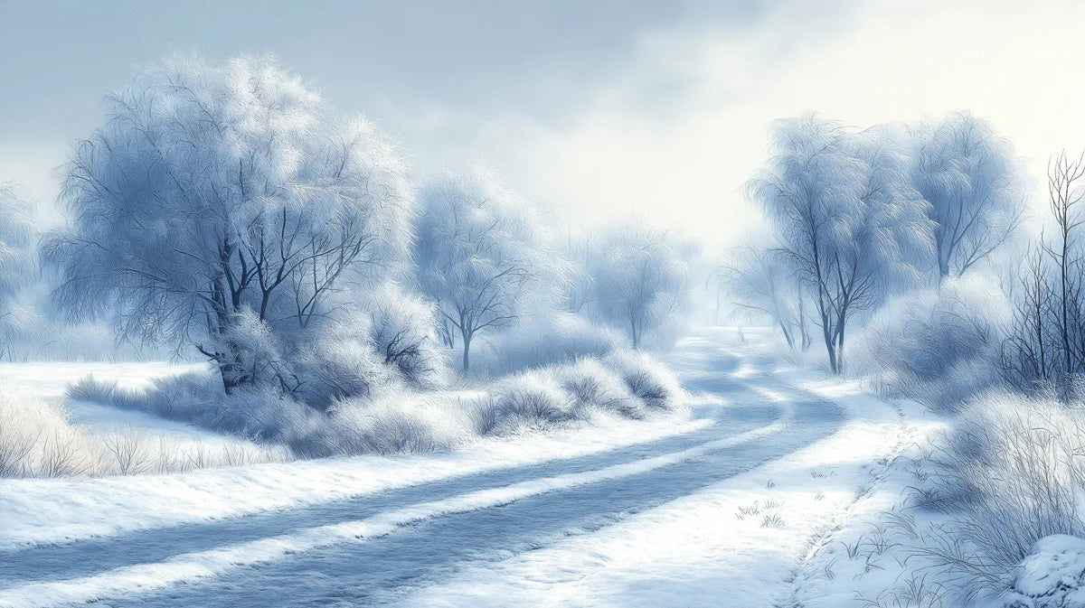 Winter Country Road Mural Wallpaper — Frosty Impressionist Landscape Mural Wallpaper - room preview 02
