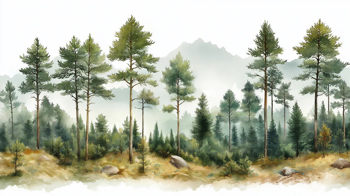 Alpine Pine Forest Mural Wallpaper — Painted Mountain Landscape Mural Wallpaper - room preview 02
