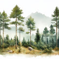 Alpine Pine Forest Mural Wallpaper — Painted Mountain Landscape Mural Wallpaper - room preview 02