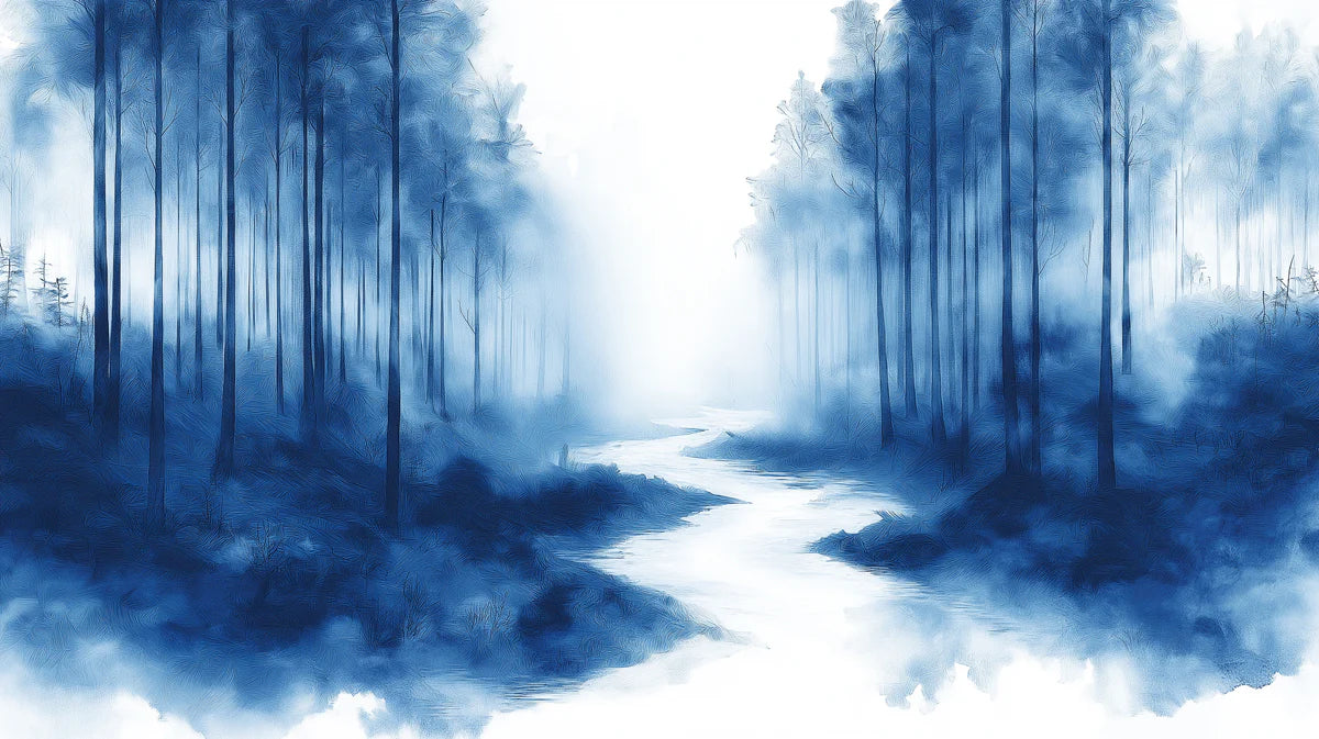Indigo River Mist Mural Wallpaper — Painterly Forest Scene Mural Wallpaper - room preview 02