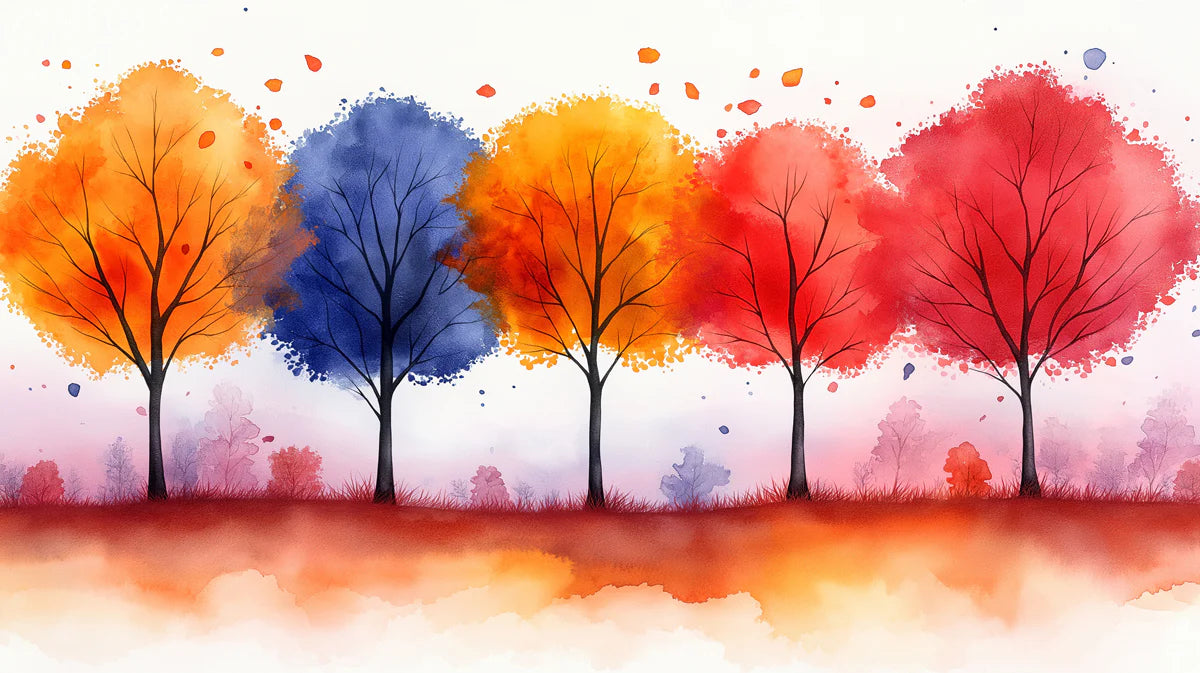 Autumn Watercolor Woodland Mural Wallpaper with Vibrant Tree Canopy Mural Wallpaper - room preview 02