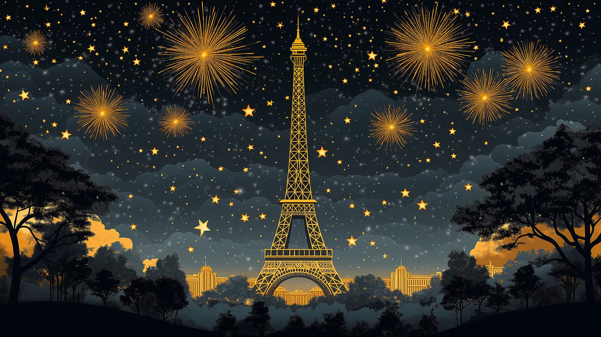 Parisian Celebration Mural Wallpaper in Midnight Blue and Gold Mural Wallpaper - room preview 02