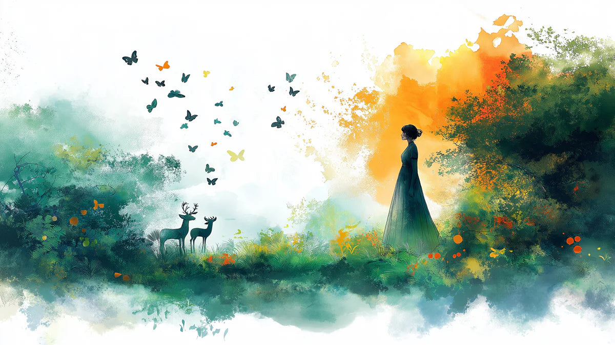 Meadow Silhouette Mural Wallpaper — Watercolor Forest Scene Mural Wallpaper - room preview 02