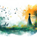Meadow Silhouette Mural Wallpaper — Watercolor Forest Scene Mural Wallpaper - room preview 02