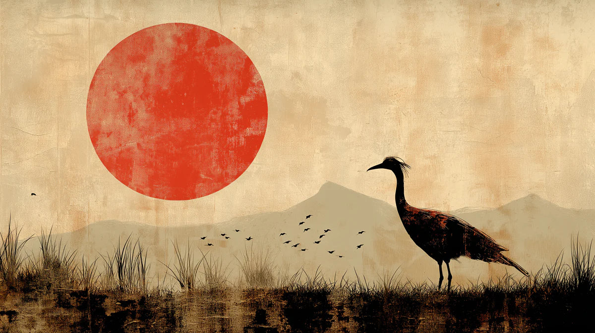 Red Sun and Crane Mural Wallpaper — Japanese Minimalist Art Mural Wallpaper - room preview 02