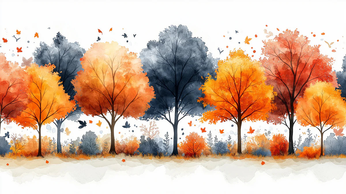 Autumn Treeline Mural Wallpaper — Watercolor Forest Landscape Mural Wallpaper - room preview 02