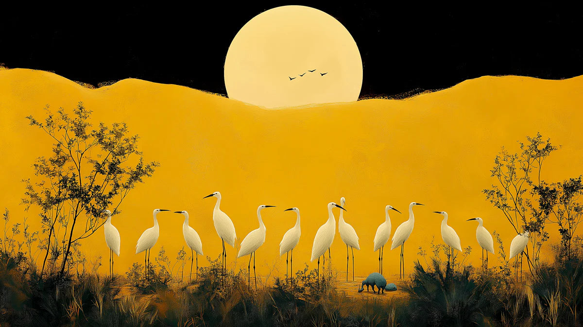 Golden Egret Moon Mural Wallpaper — Surreal Art Deco Design Mural Wallpaper - room preview 02