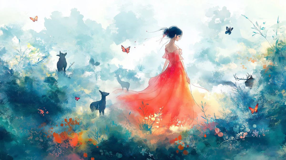 Lady in Red Watercolor Meadow Mural Wallpaper — Whimsical Art Mural Wallpaper - room preview 02