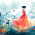 Lady in Red Watercolor Meadow Mural Wallpaper — Whimsical Art Mural Wallpaper - room preview 02