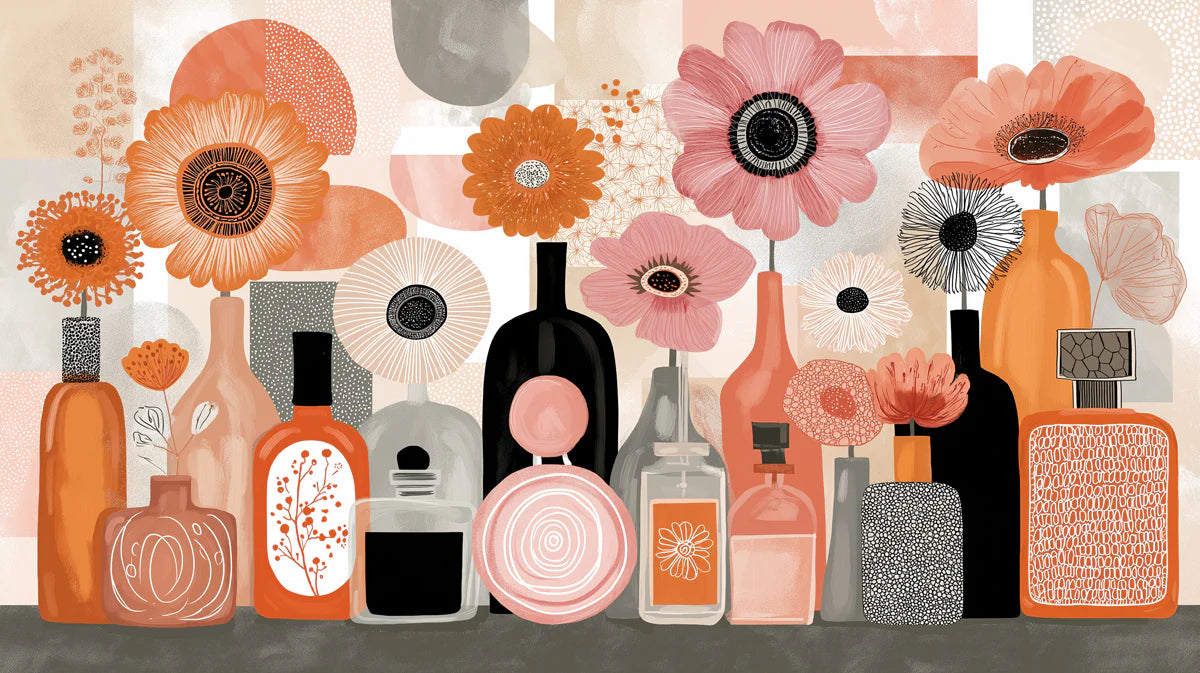 Perfume Bouquet Mural Wallpaper Pink, Orange, and Black Mural Wallpaper - room preview 02